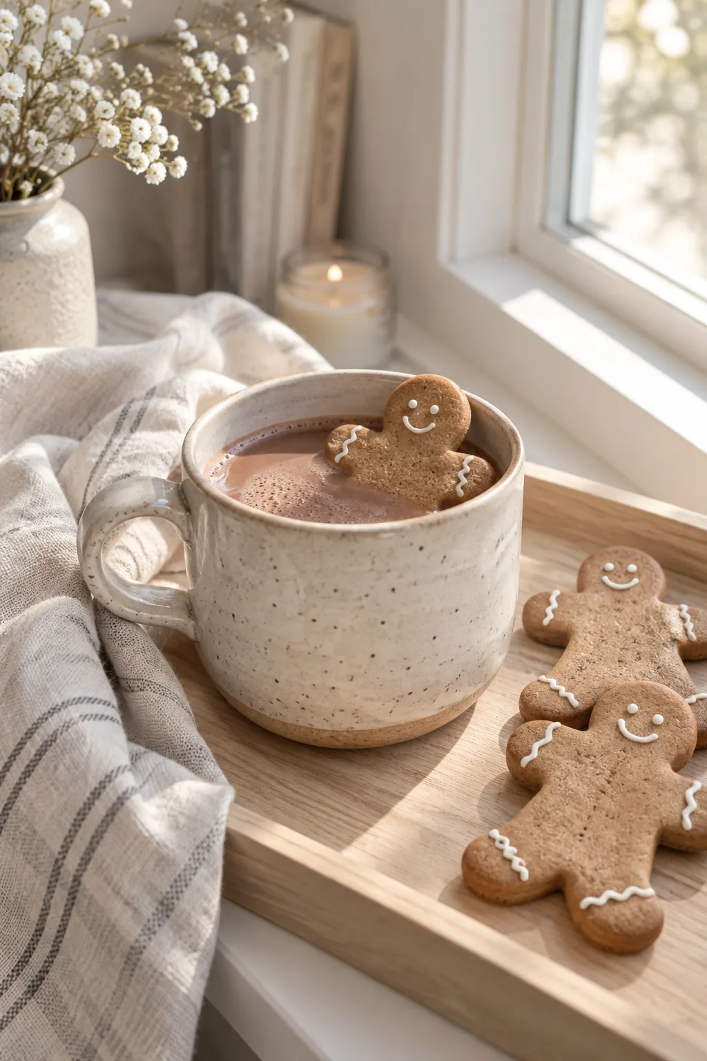 Minimalist gingerbread men with simple white icing details in a mug