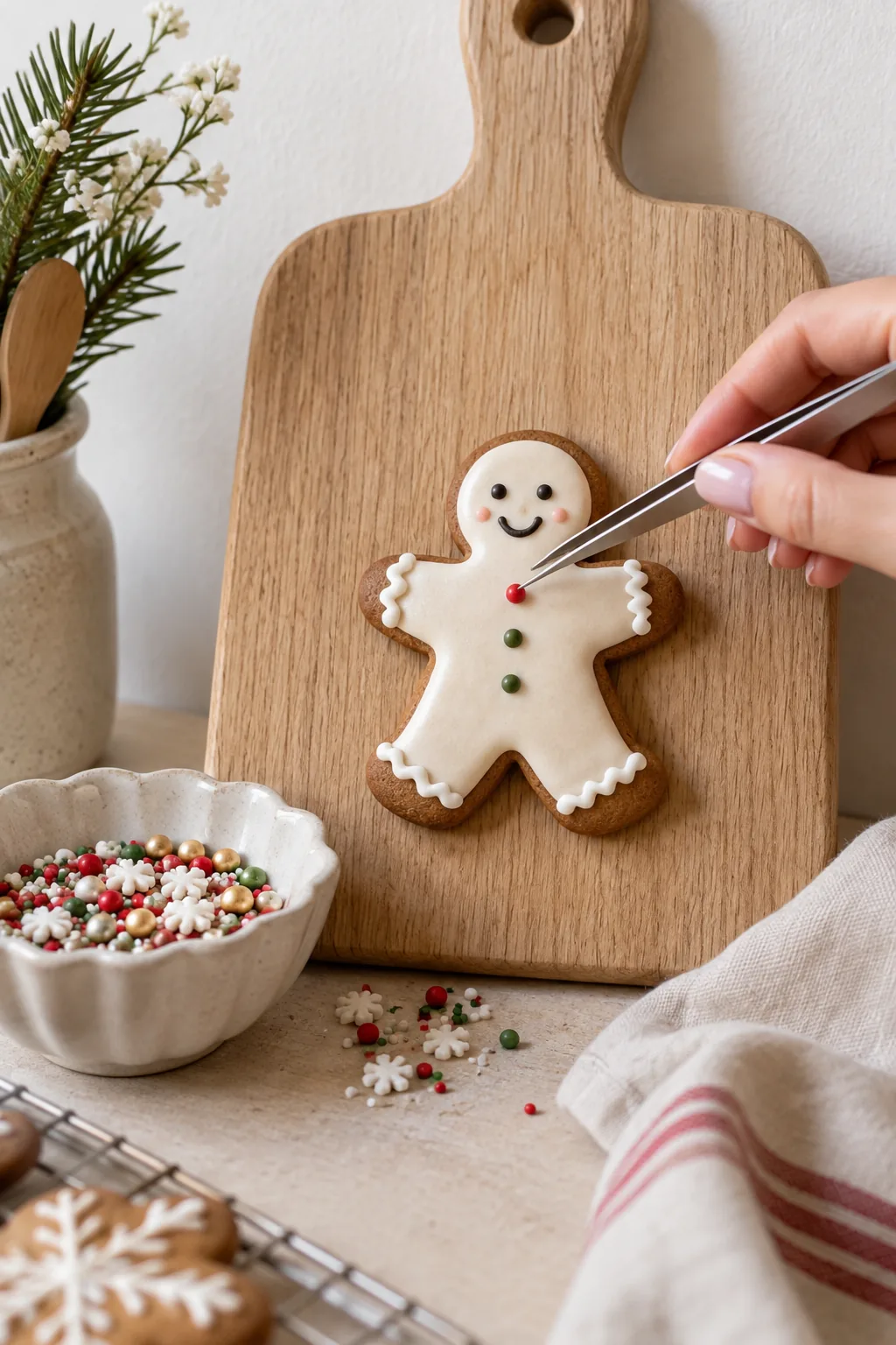 Using tweezers to place a small silver sprinkle on a cookie