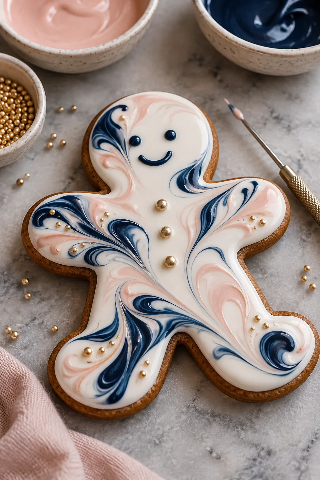 Gingerbread cookie with a marbled red and white icing pattern
