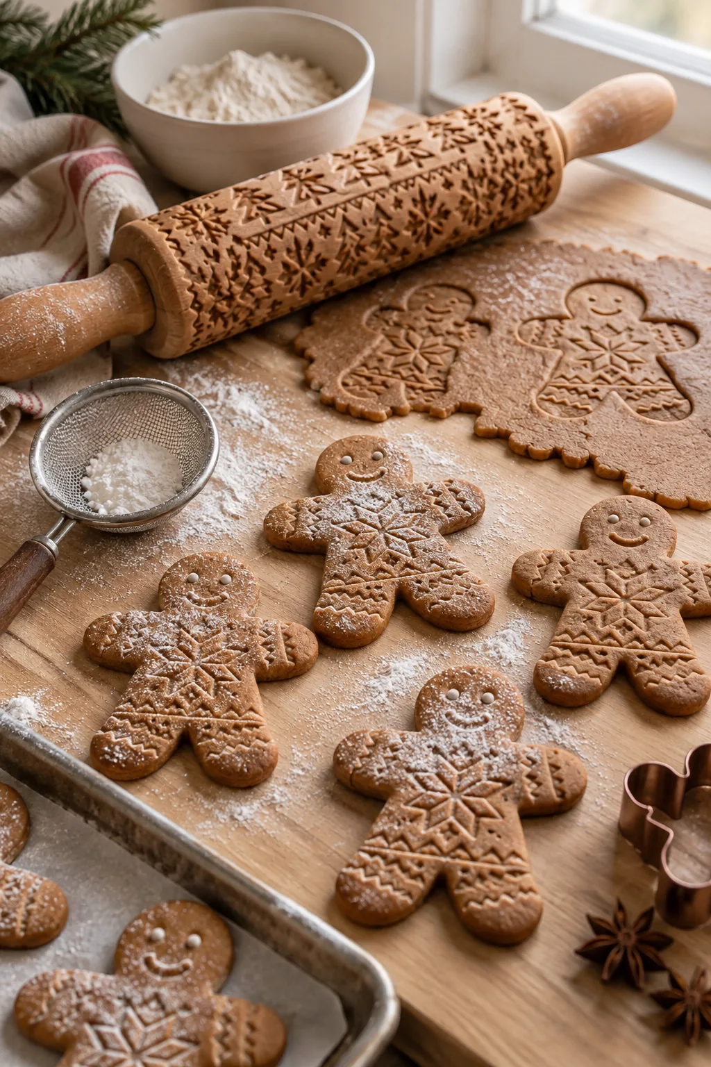 Gingerbread men with embossed patterns dusted with powdered sugar