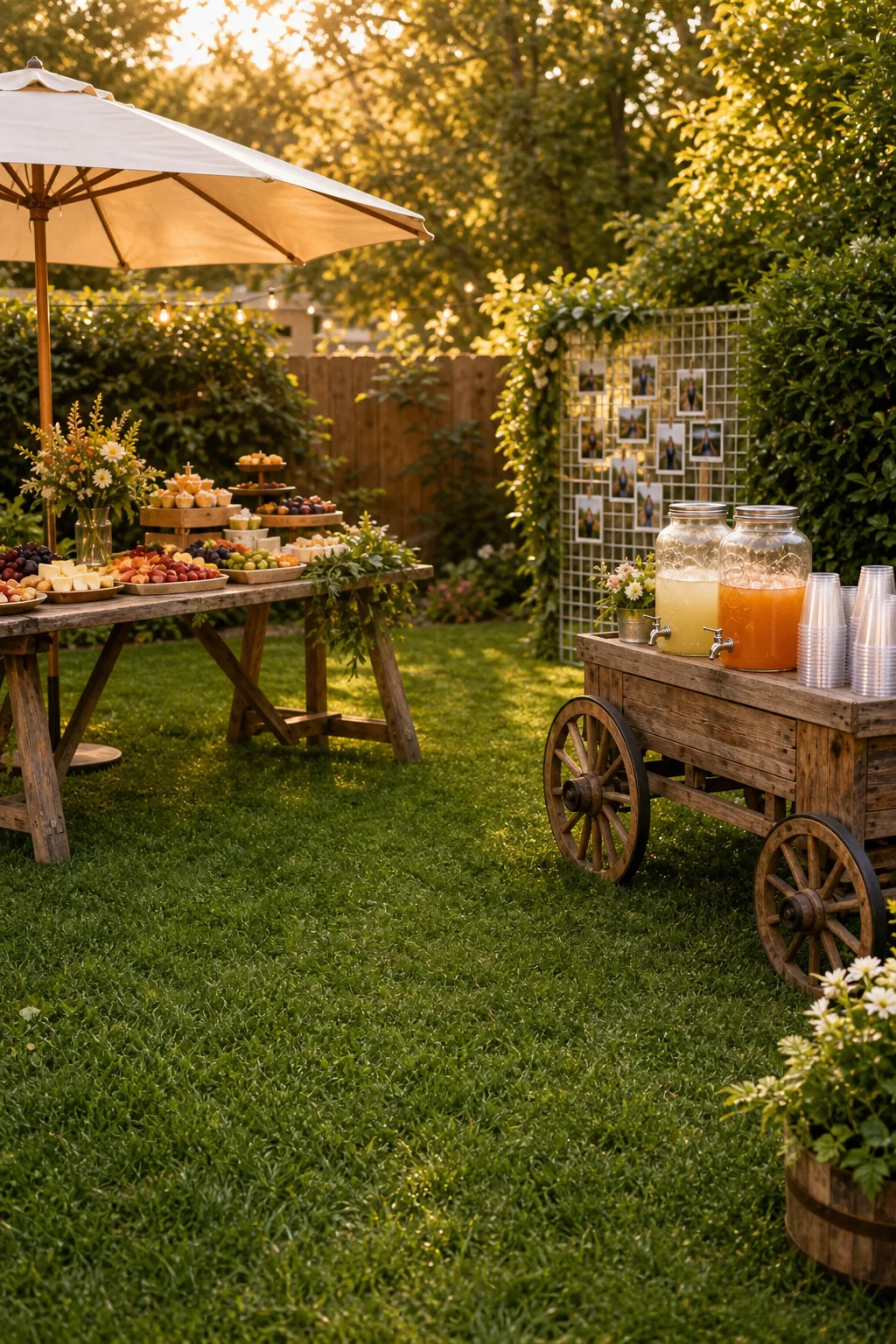 An empty stretch of green lawn separating a grazing table from a beverage cart in a backyard.