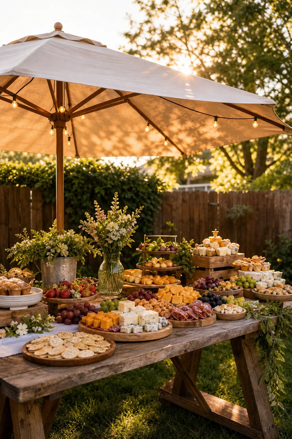 A large canvas umbrella casting a shadow over a wooden table filled with appetizers.