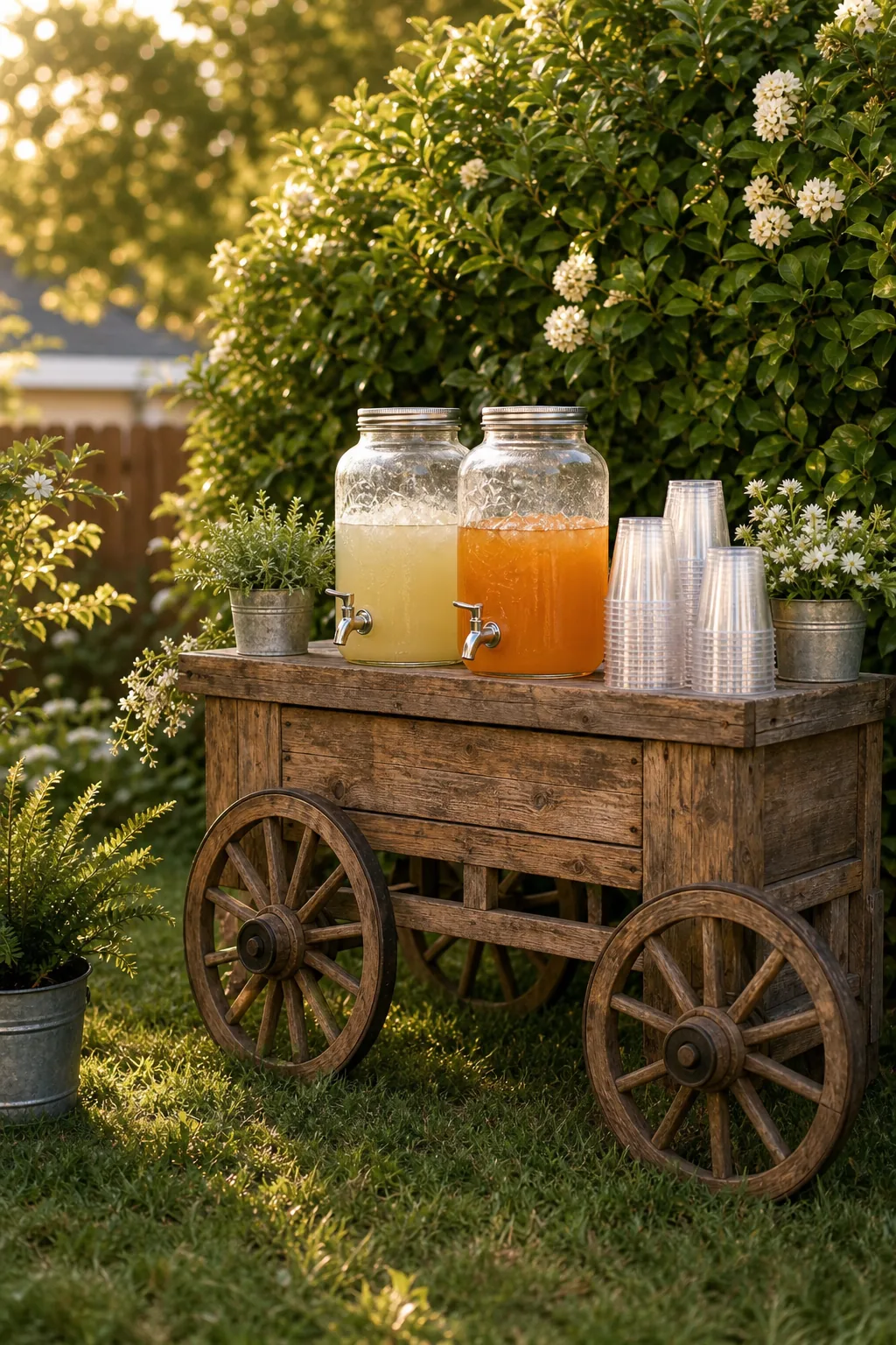 A wooden cart holding two glass drink dispensers and stacked plastic cups.