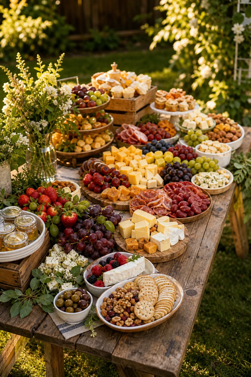A rustic wooden table displaying a multi-tiered charcuterie and fruit spread.