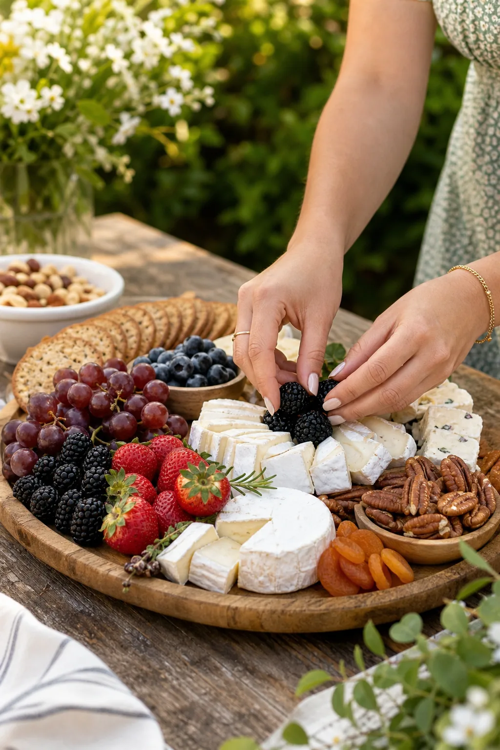 Hands placing fresh fruit and cheese onto a partially assembled grazing board.