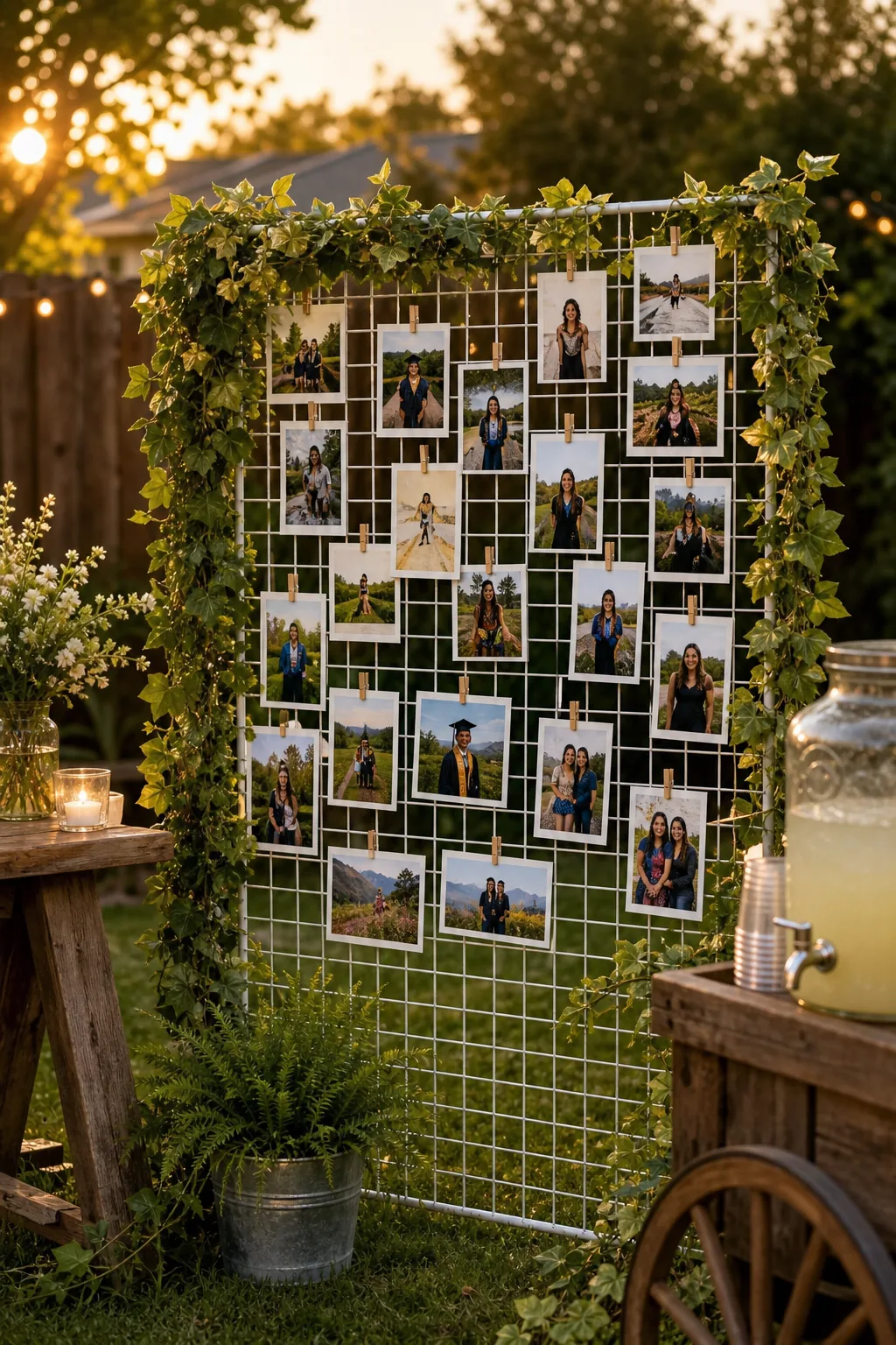 A wire grid decorated with ivy and hanging photographs on a lawn.