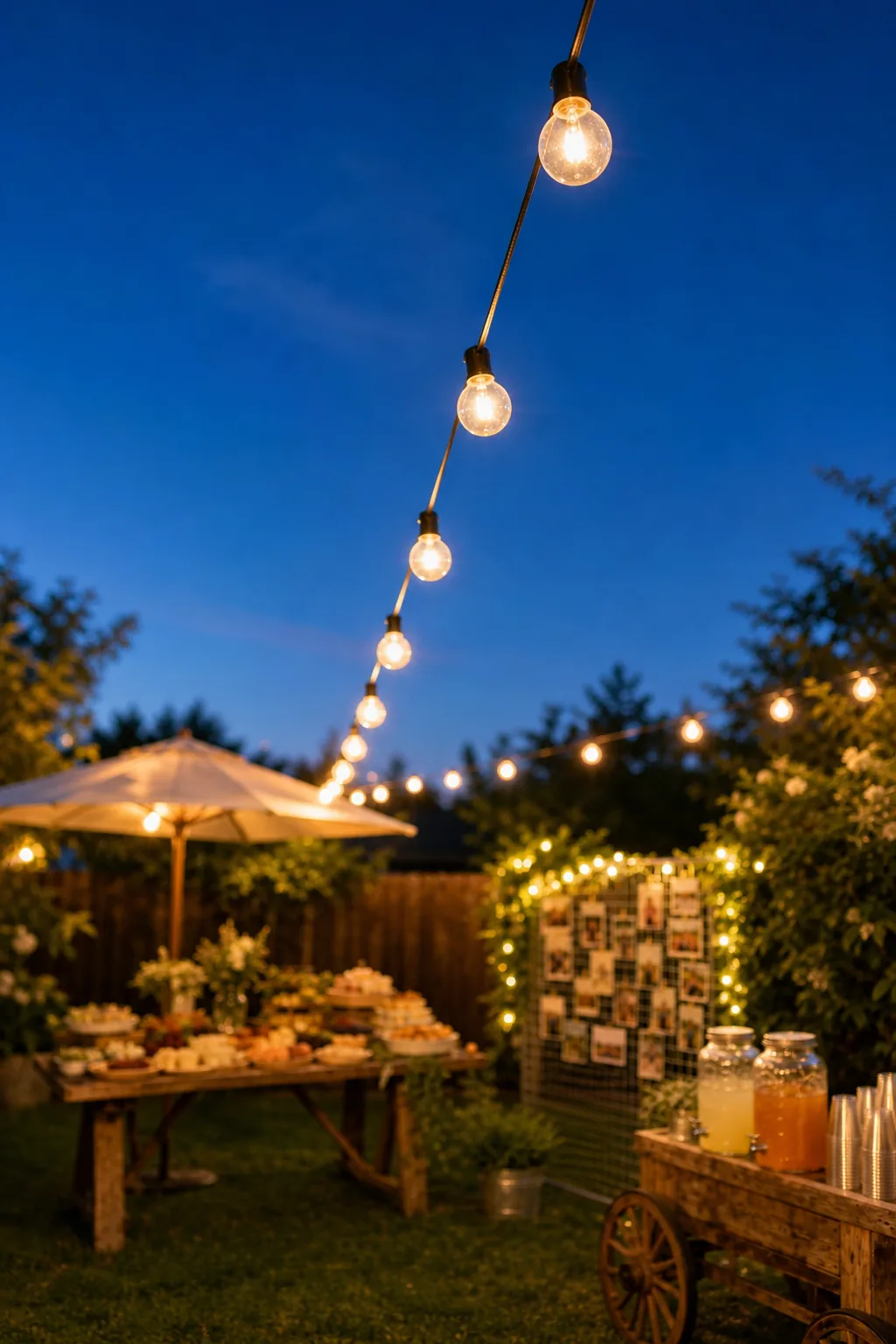 Glowing string lights suspended against a dusk sky over a backyard.