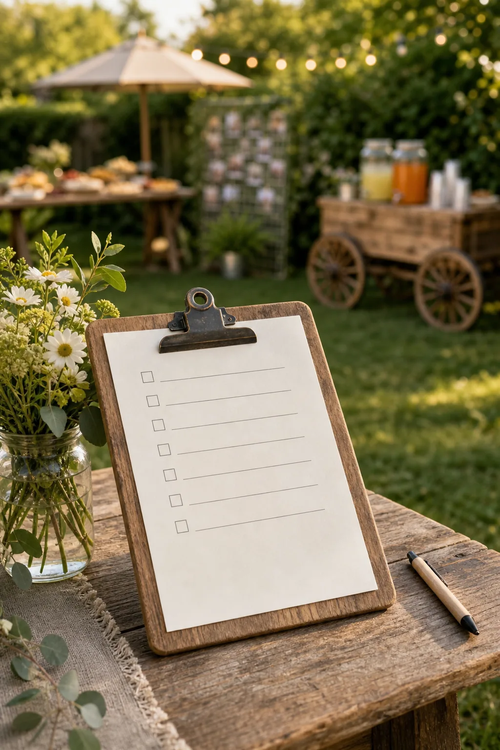 A printed checklist on a wooden clipboard resting on an outdoor table.