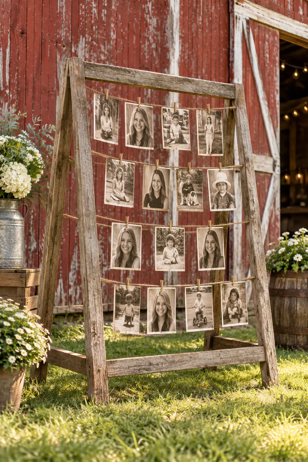 A rustic barnwood photo display using jute twine in front of a red barn.