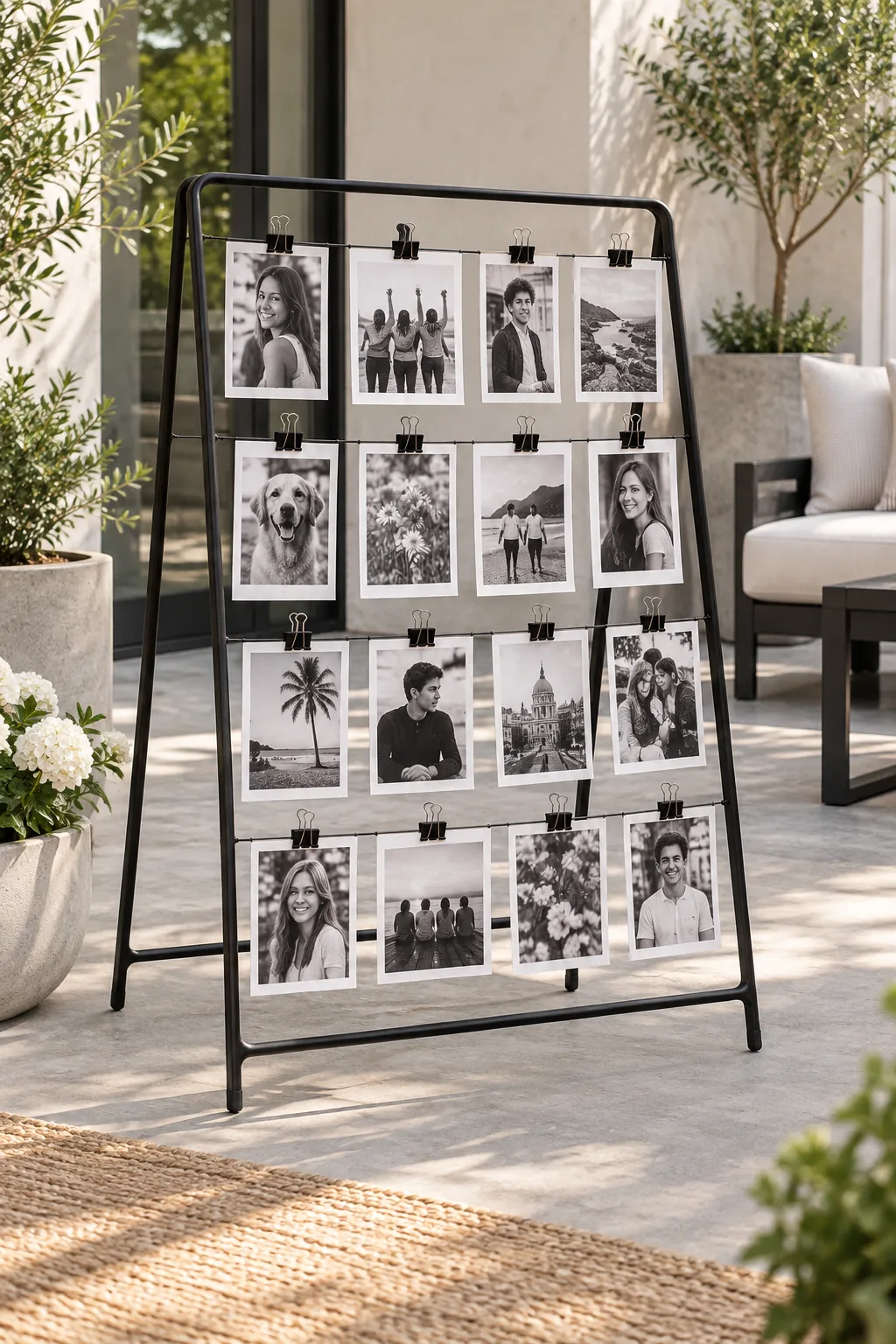 A modern black metal photo display with black-and-white pictures on a concrete patio.