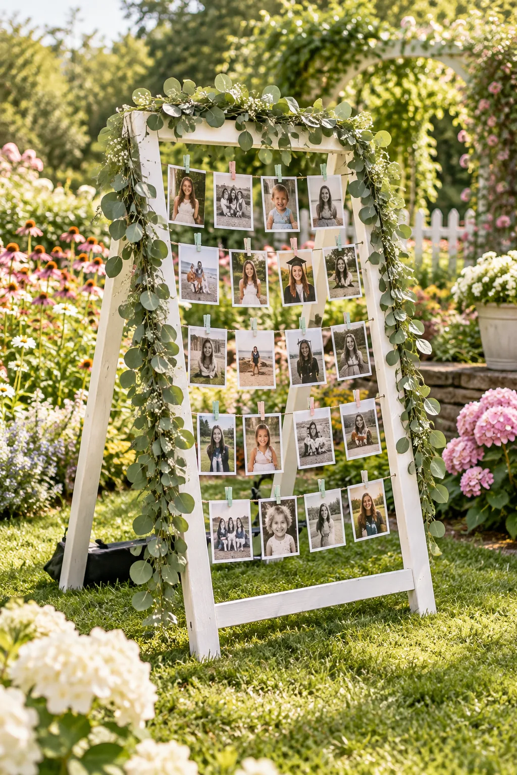 A white wooden photo display decorated with eucalyptus garlands in a flower garden.