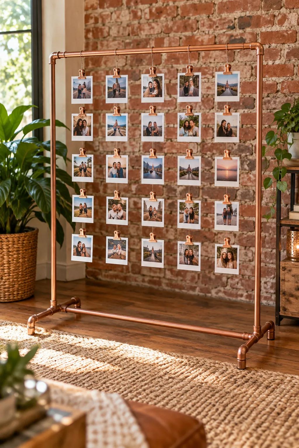 An industrial copper pipe photo display holding polaroid pictures against a brick wall.
