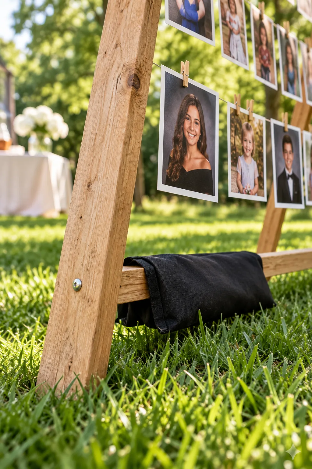 A black canvas sandbag resting on the bottom wooden brace of an A-frame photo display in the grass.
