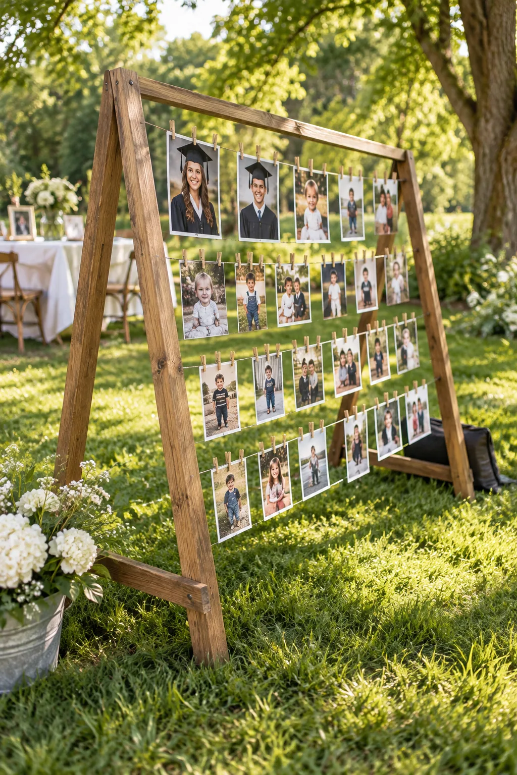 Clear fishing line pulled tightly across a wooden frame, holding photos in the background.