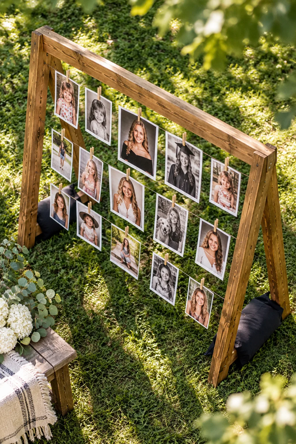 A matte-finish senior portrait hanging on a string outdoors, showing no glare in the sunlight.