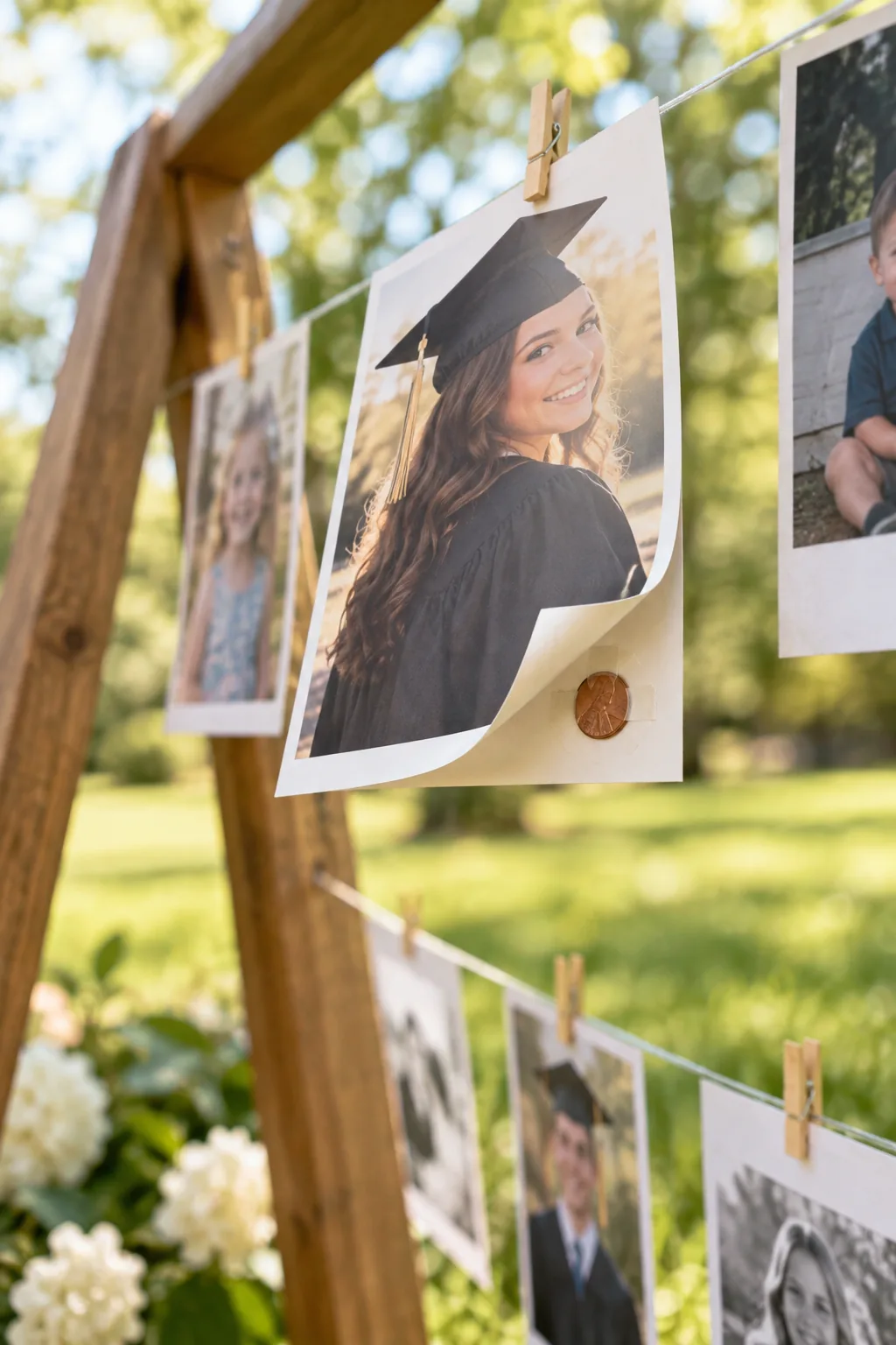 A penny taped to the back bottom corner of a hanging photograph to add weight.