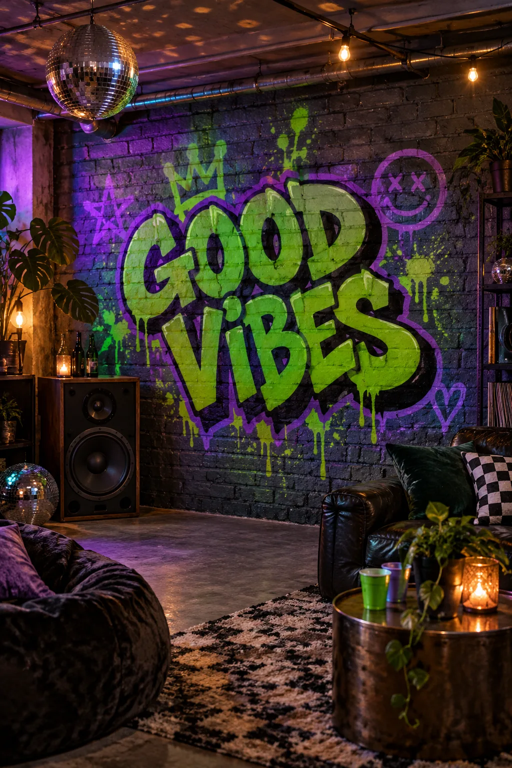 A slate grey faux brick wall painted with neon green and purple graffiti in a basement setting.