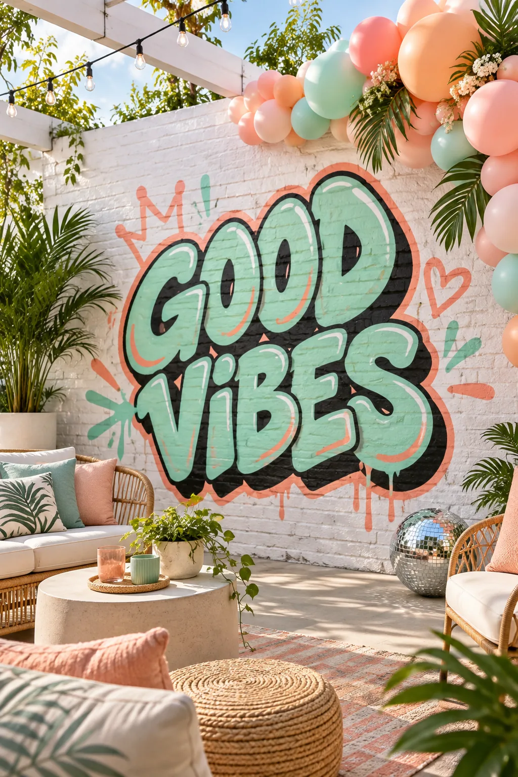 A bright white faux brick wall featuring mint and peach graffiti, decorated with a pastel balloon garland.