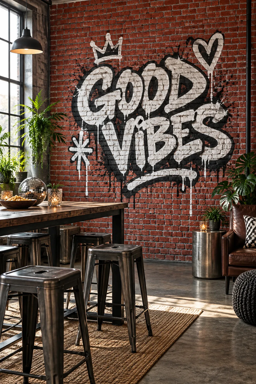 A classic red faux brick wall painted with stark black and white graffiti in an industrial loft.