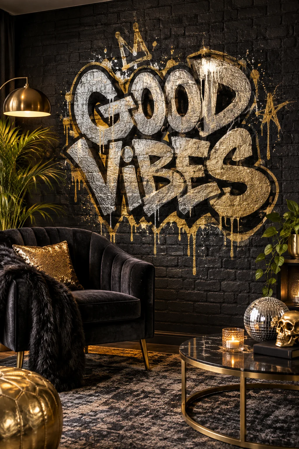 A matte black faux brick wall featuring metallic gold and silver graffiti behind a velvet chair.