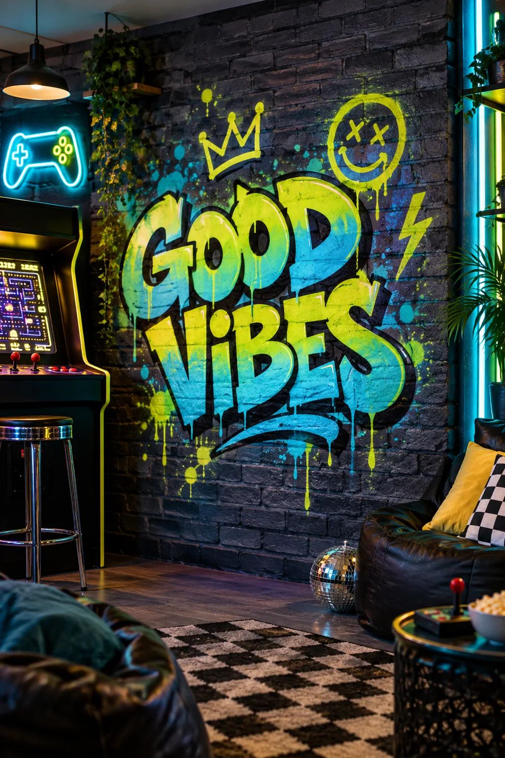 A dark grey faux brick wall painted with fluorescent yellow and cyan graffiti, lit by a neon sign.