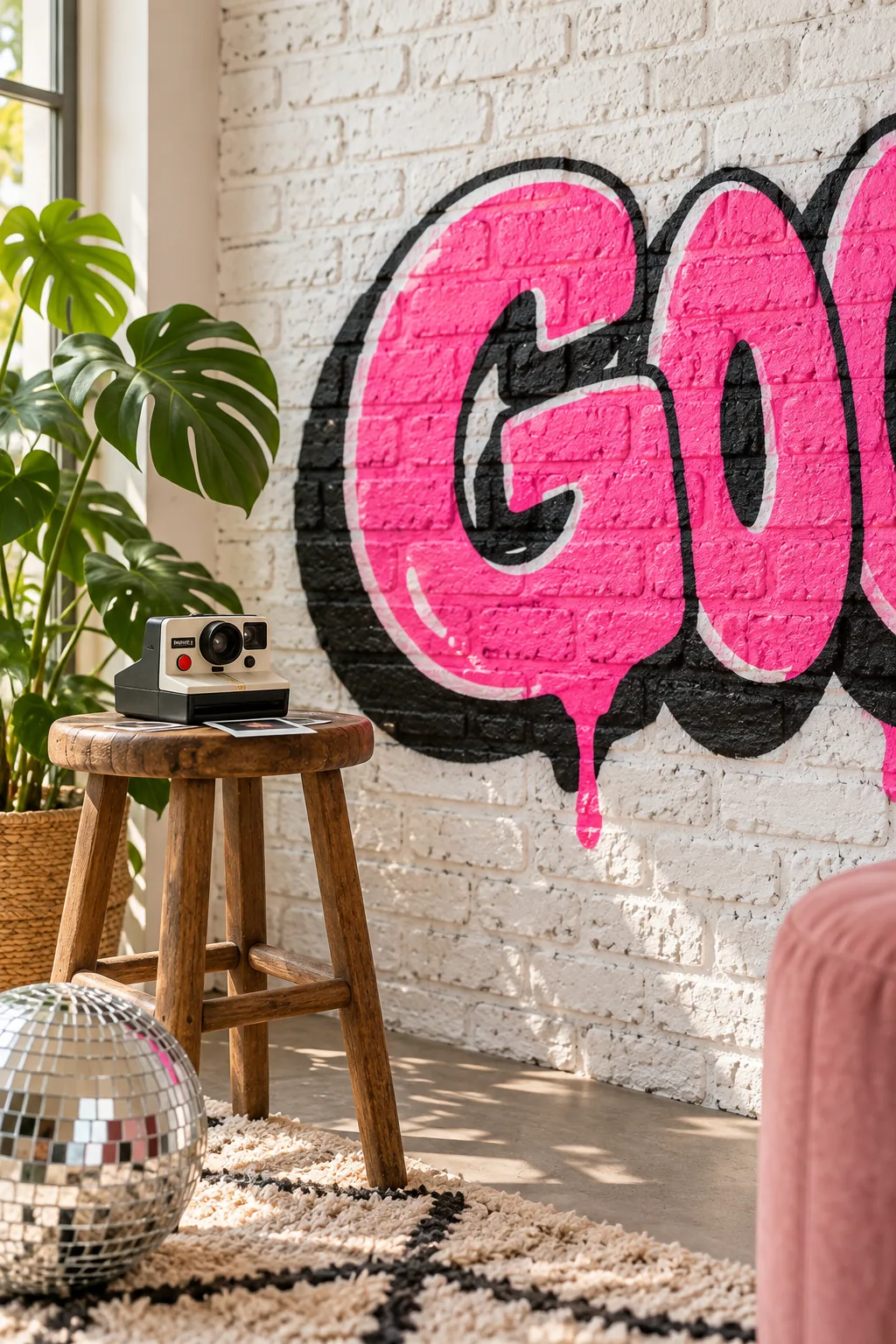 Close up of a perfectly proportioned pink graffiti letter G on a white brick wall, with a polaroid camera on a stool below.