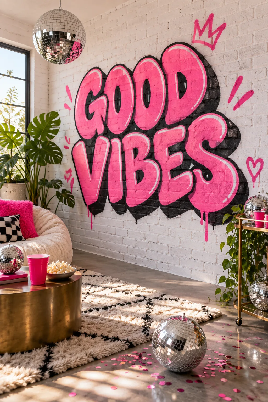 Elevated view of deep matte black spray paint shadows beneath pink graffiti lettering on a white faux brick wall.