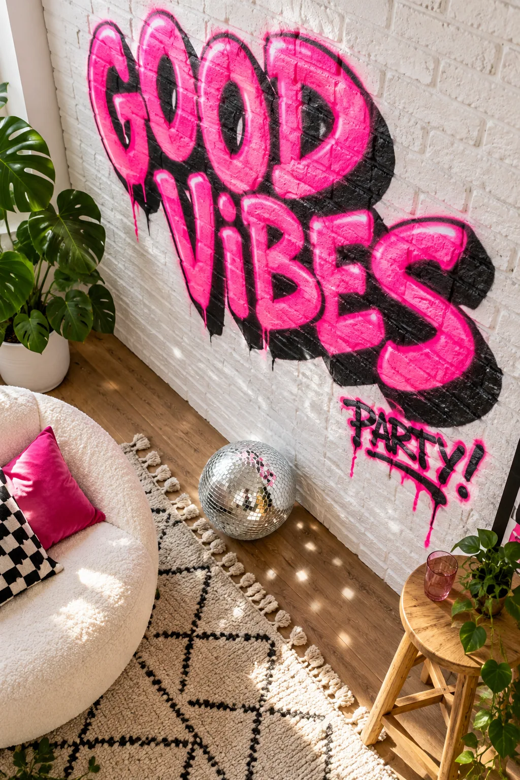 Close up of glowing neon pink spray paint overlapping matte black shadows on a textured brick wall.