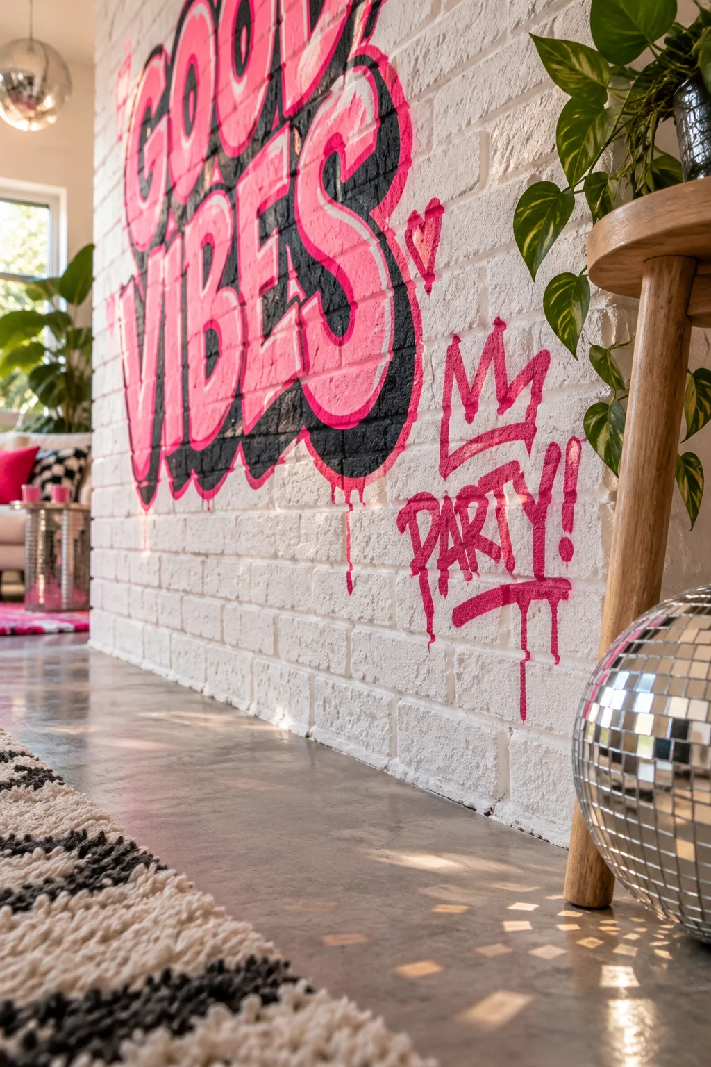 Lower corner of a graffiti wall showing a pink tag that says PARTY with deliberate running paint drips.