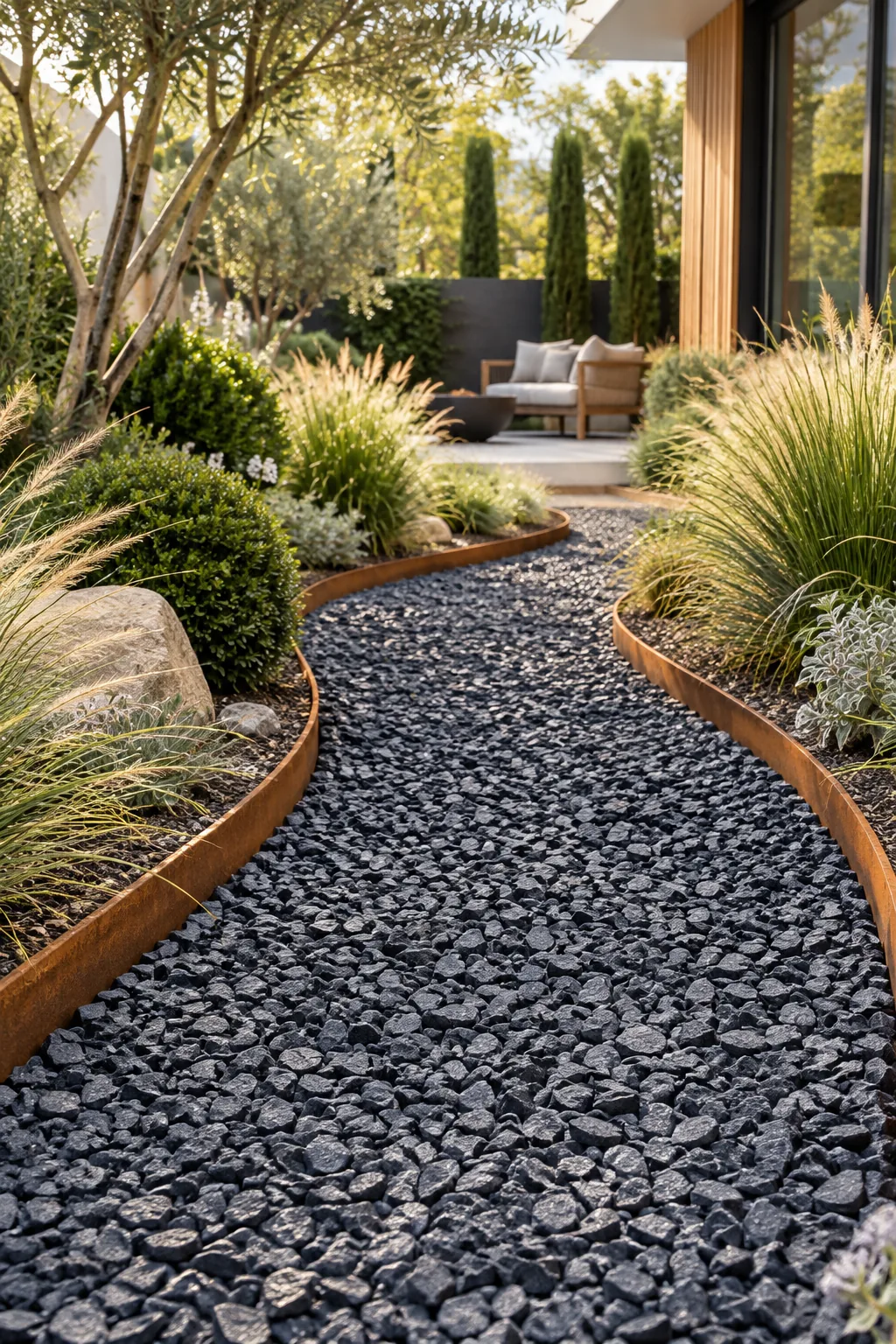 A modern garden pathway made of dark charcoal slate chips edged with rusted corten steel.
