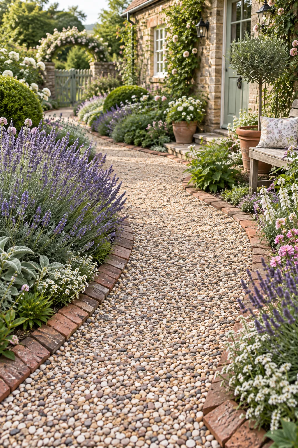 An English cottage garden pathway made of mixed pastel gravel edged with weathered red bricks.
