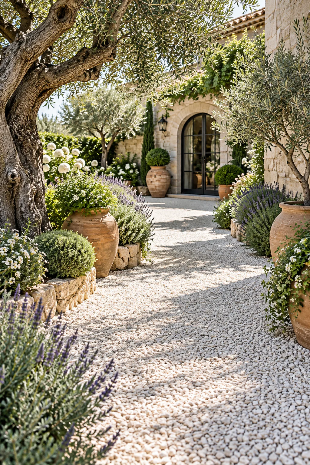 A Mediterranean courtyard pathway made of bright white crushed limestone surrounded by terracotta pots.