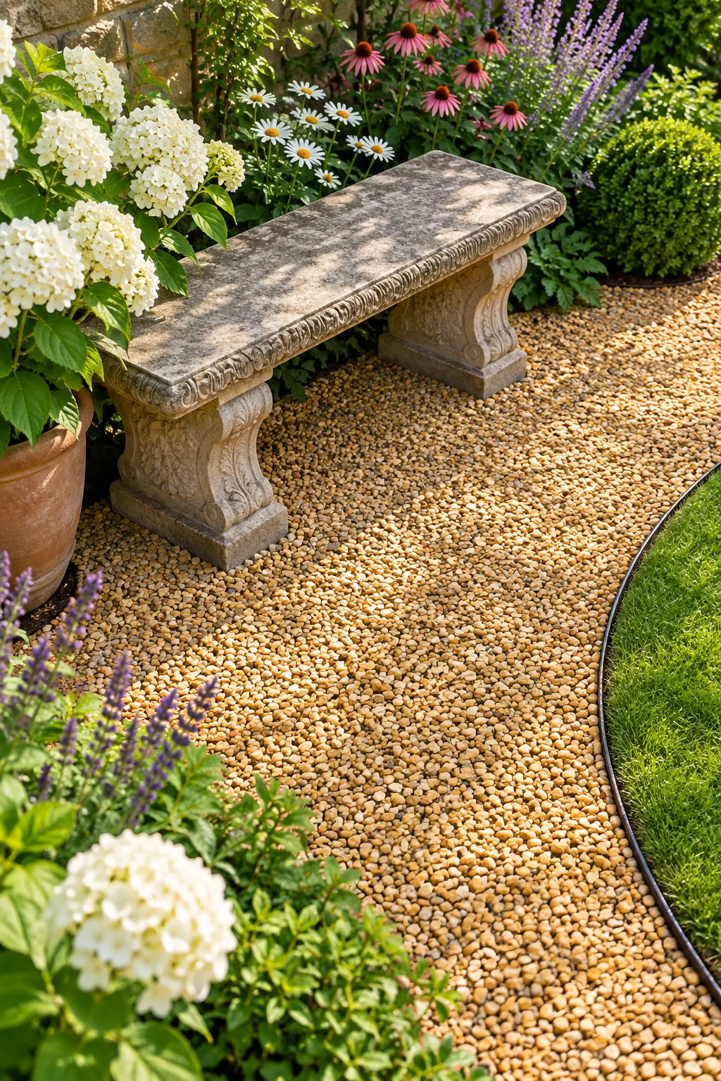 Close-up of dark steel landscape edging separating golden gravel from a manicured green lawn.