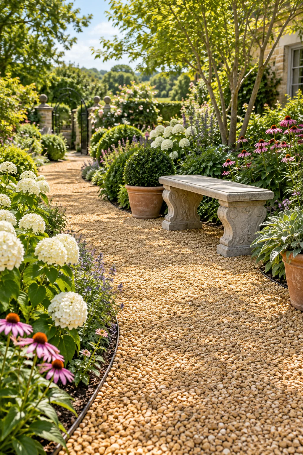 A heavy carved stone bench sitting level on a smooth, firm golden gravel walkway.