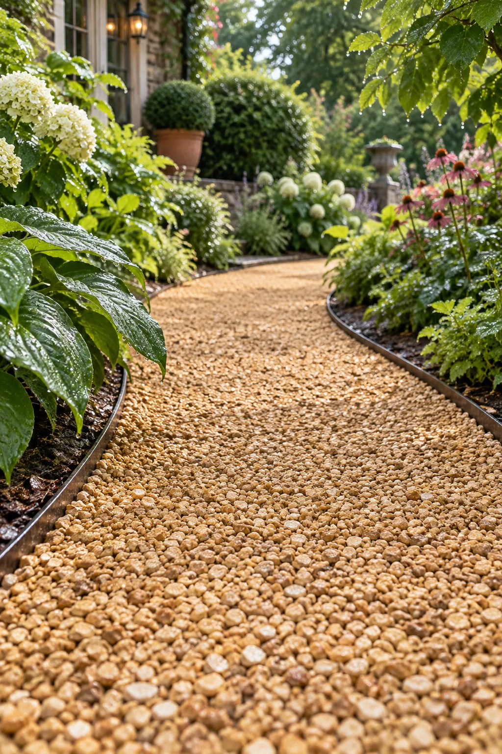 A person walking comfortably in block heels on a firmly packed golden gravel path.