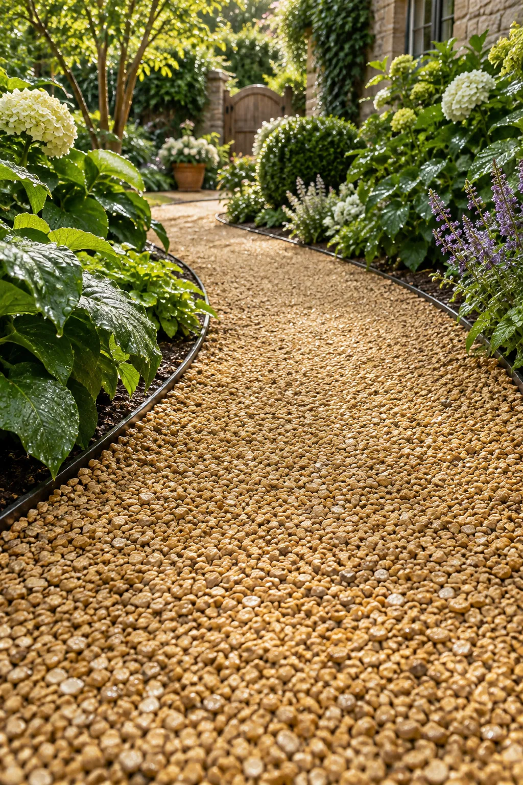 Low angle view down a gravel path showing a subtle raised center and a dry surface after rain.