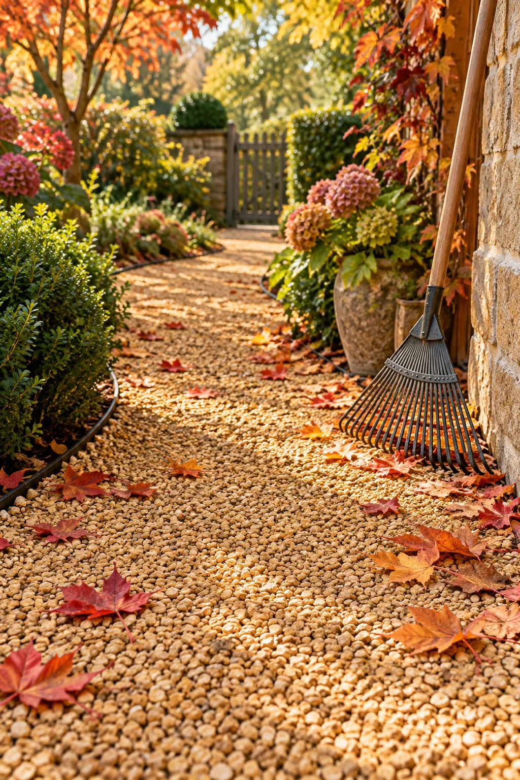 Top-down view of angular honey-gold gravel stones packed tightly together on a firm surface.