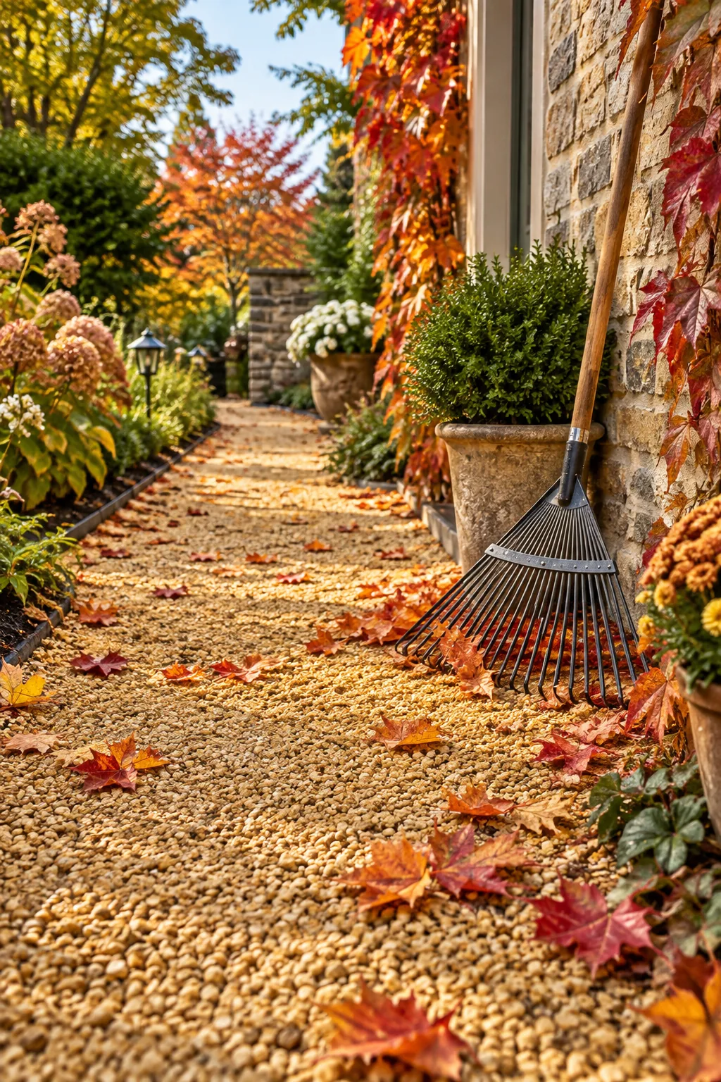 A pristine golden gravel path with a few vibrant orange autumn leaves resting on the surface next to a leaf rake.