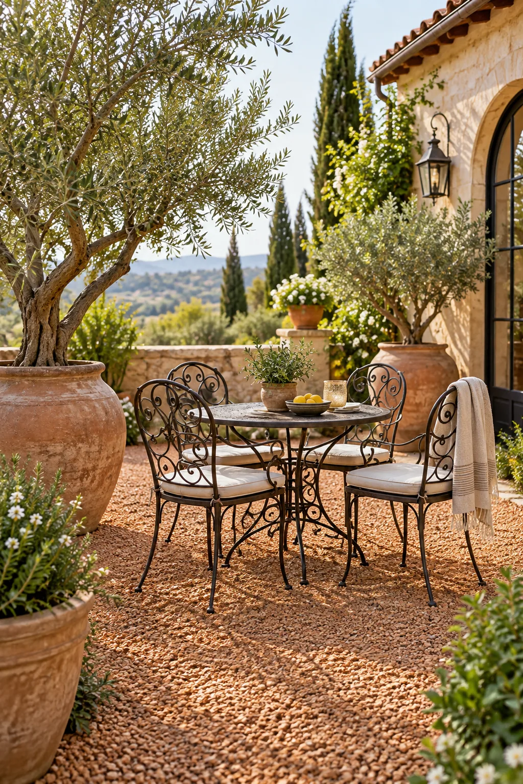 A Mediterranean-style courtyard with terracotta-toned gravel, olive trees, and wrought iron furniture.