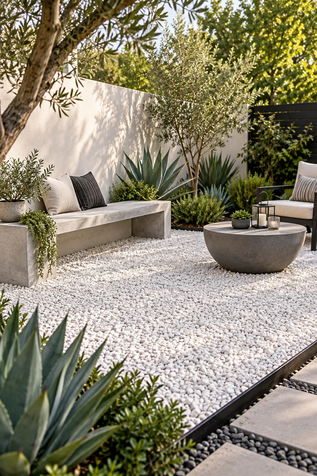 A modern minimalist patio featuring white marble gravel, black edging, and a concrete bench.