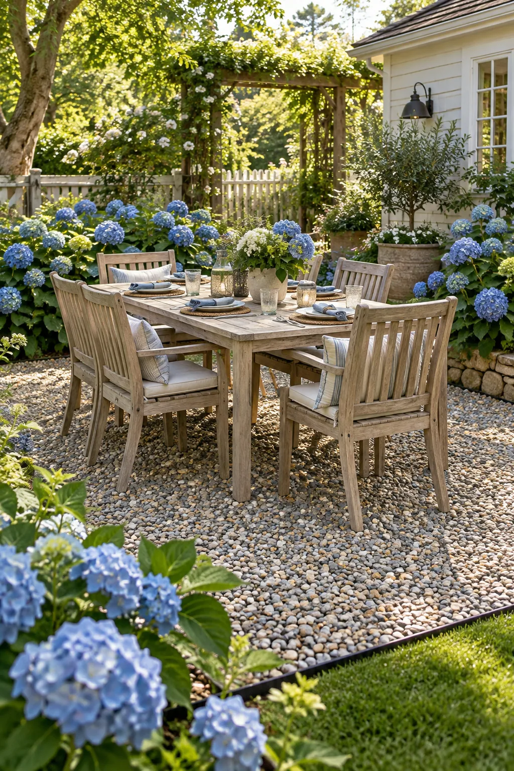 A cottage garden patio with mixed grey gravel, weathered teak furniture, and blooming hydrangeas.