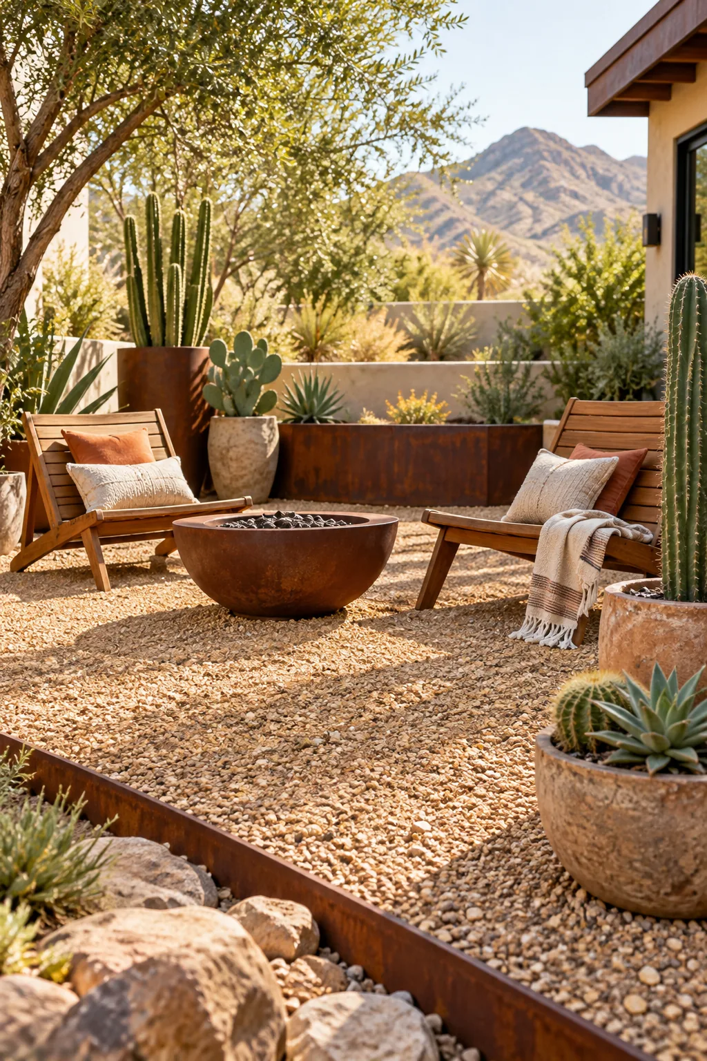 A desert-style patio with warm golden gravel, corten steel edging, acacia wood chairs, and cacti.