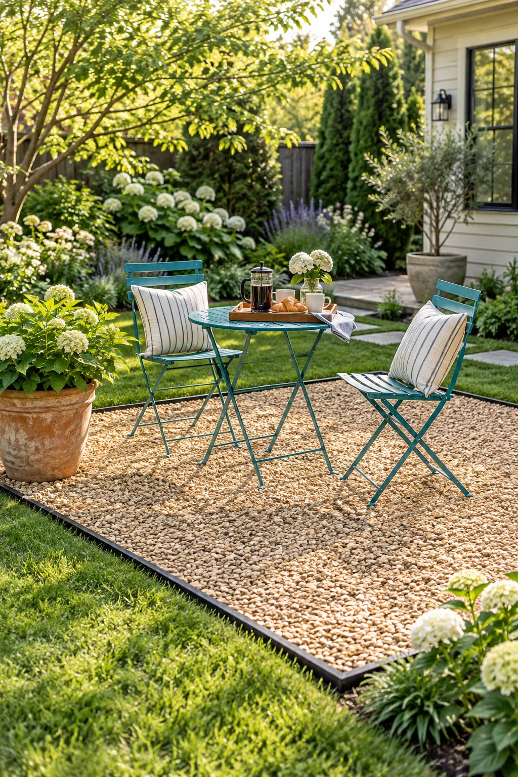 A completed 10x12 gravel patio in a backyard setting with a teal bistro table holding morning coffee.