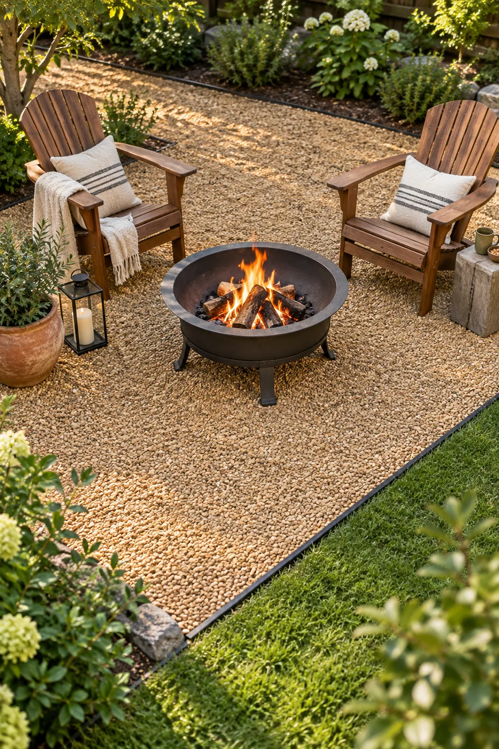 Close-up of black steel edging separating honey-toned gravel from green lawn, with a terracotta planter nearby.
