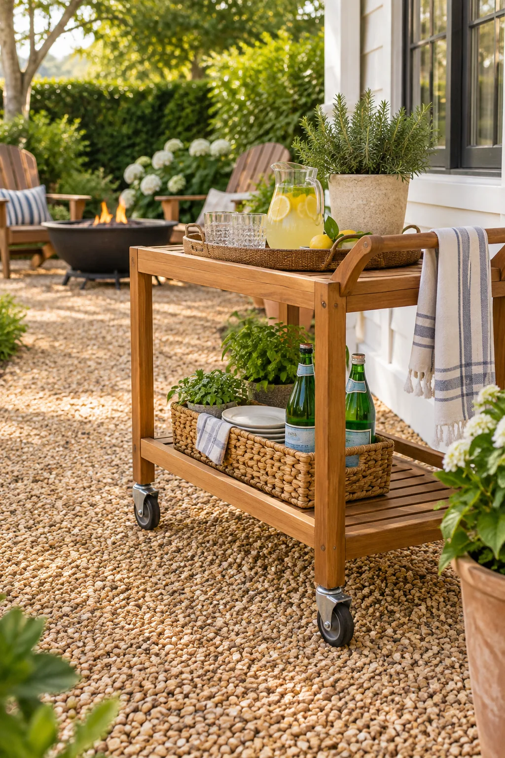 A heavy cast-iron fire pit and wooden Adirondack chairs sitting perfectly level on a honey-toned gravel patio.