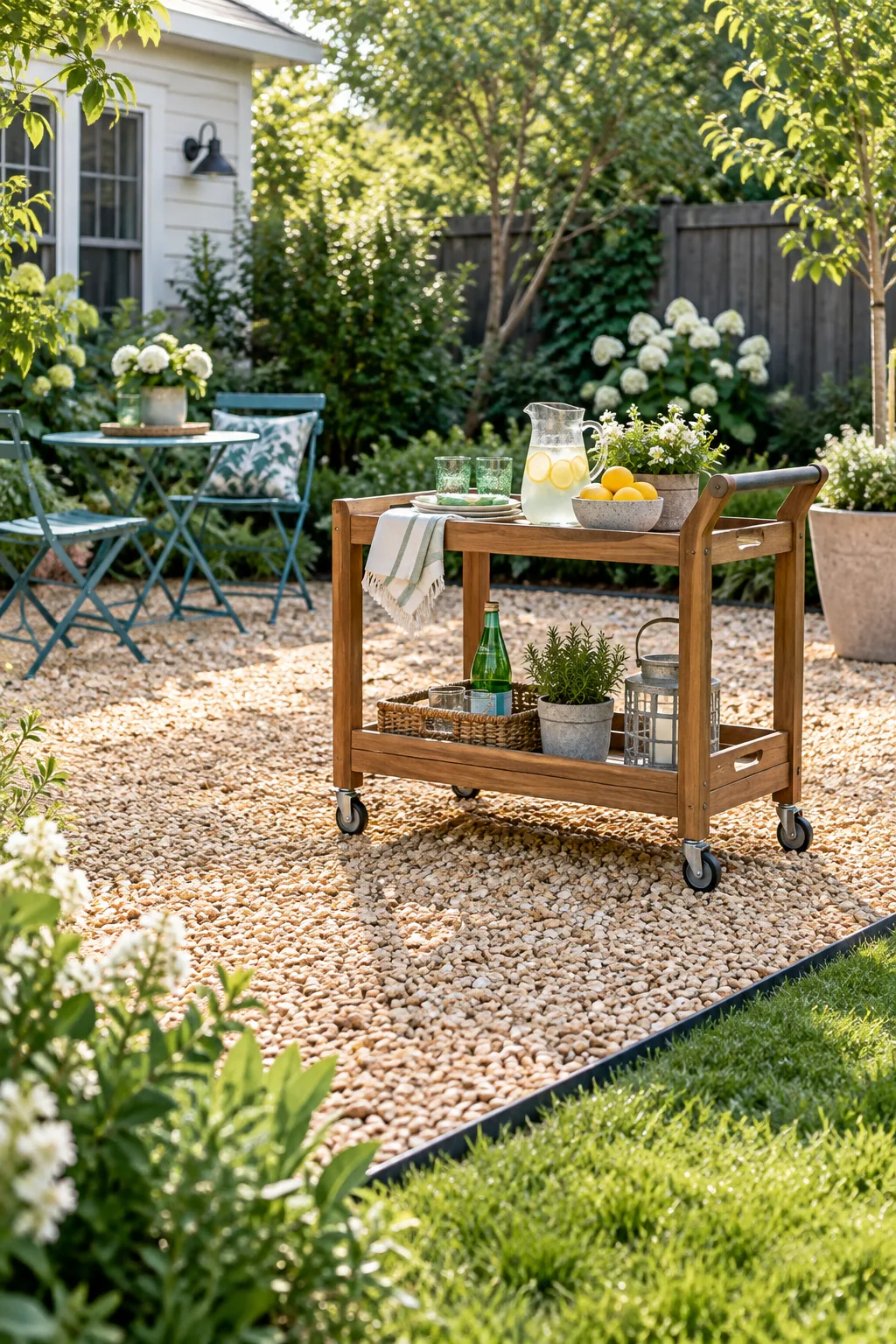 A wooden serving cart on caster wheels sitting on top of a firm gravel patio surface without sinking.