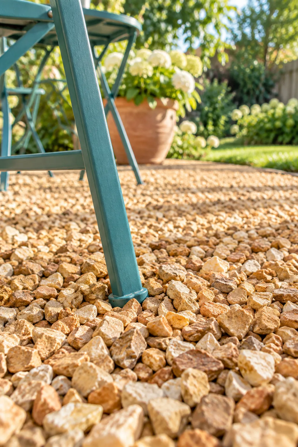 Close-up of angular honey-toned gravel tightly packed around the metal leg of a teal bistro chair.