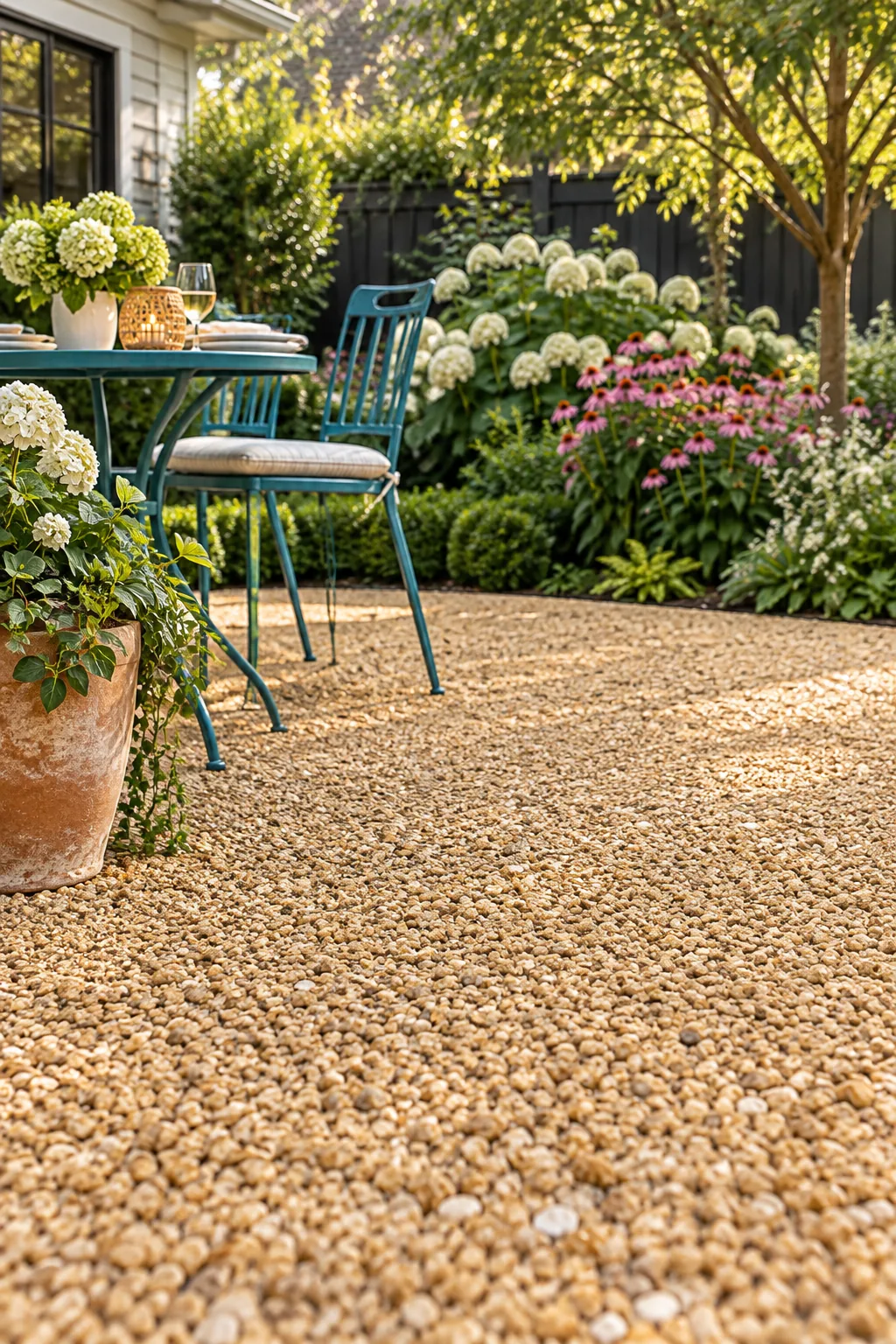 A low-angle view across a perfectly flat and smooth honey-toned gravel patio surface.