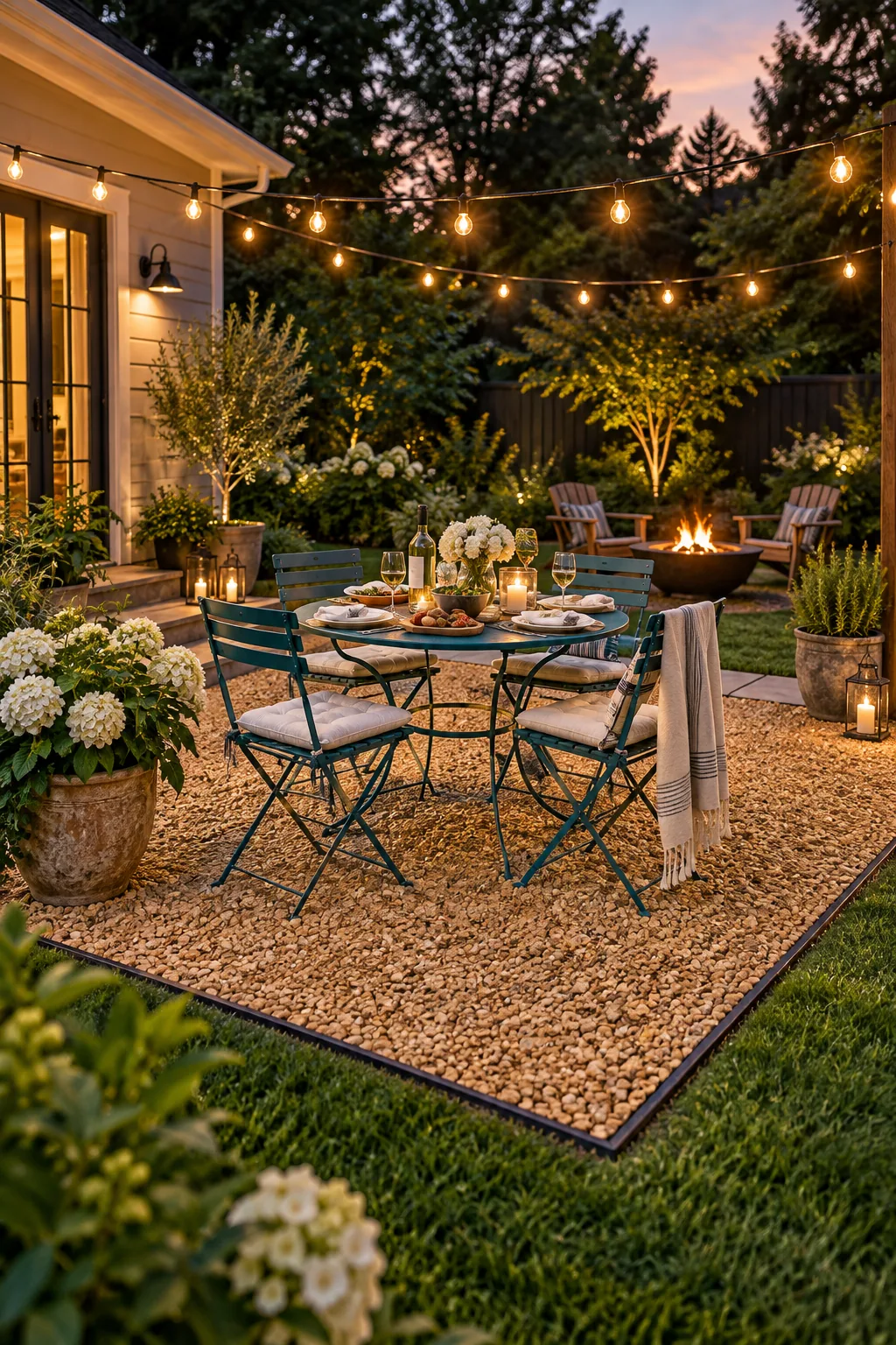 A finished gravel patio at dusk, illuminated by string lights, with a teal bistro set arranged for dinner.