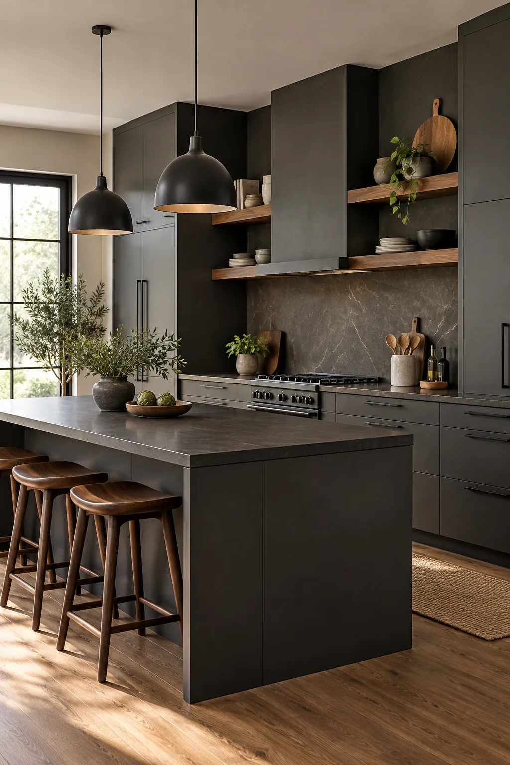 Modern minimalist kitchen with charcoal gray flat-panel cabinets and matte black hardware.